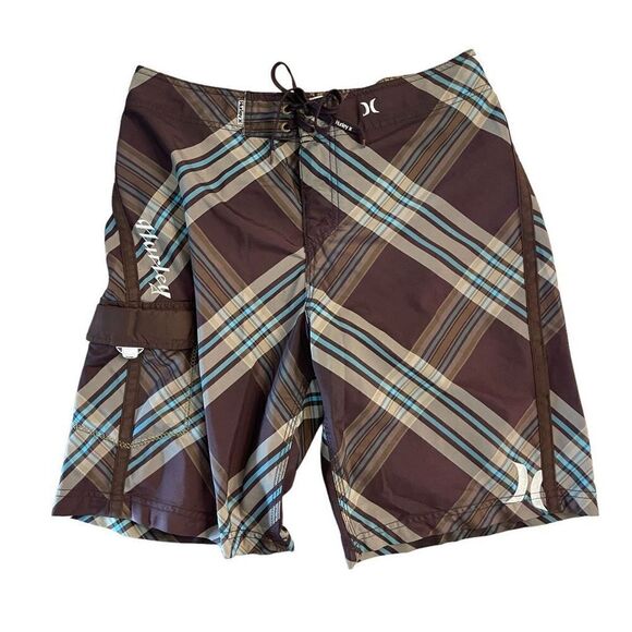 Hurley Men's Swimwear Plaid Surf Boardshorts Brown Blue Size 31 - Picture 1 of 7
